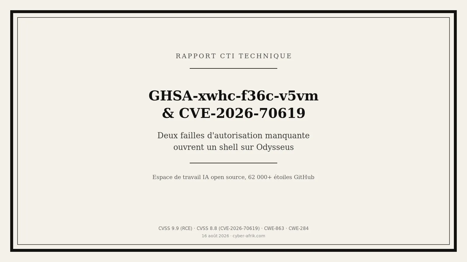 GHSA-xwhc-f36c-v5vm et CVE-2026-70619 : deux failles d'autorisation manquante donnent un shell sur Odysseus, l'espace de travail IA open source de PewDiePie