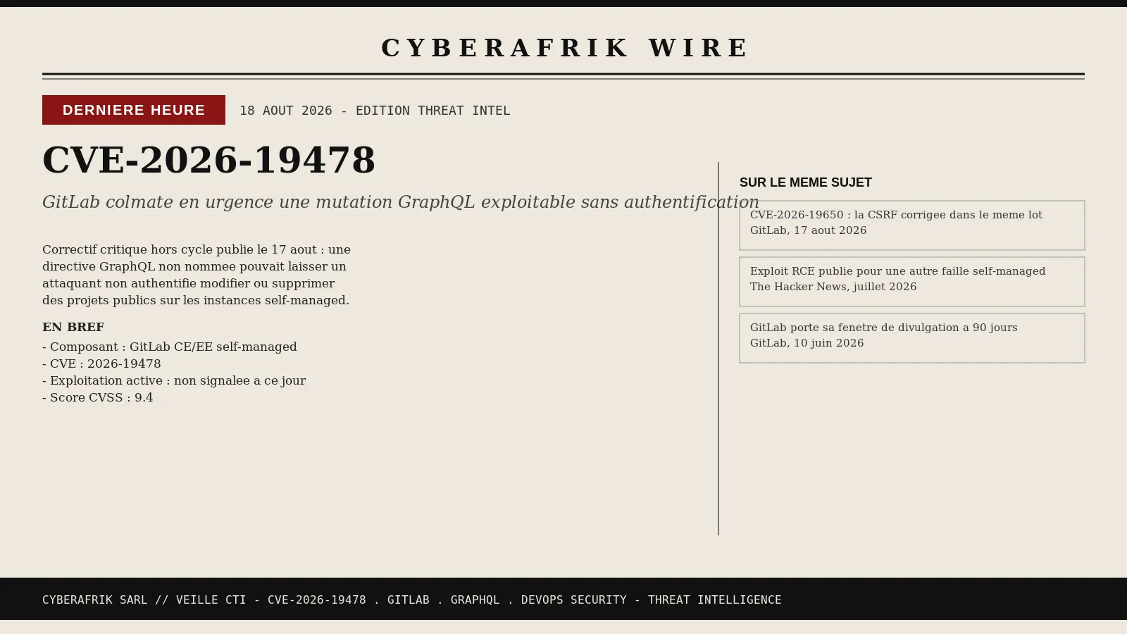CVE-2026-19478 : un correctif GitLab hors cycle pour une mutation GraphQL exploitable sans authentification