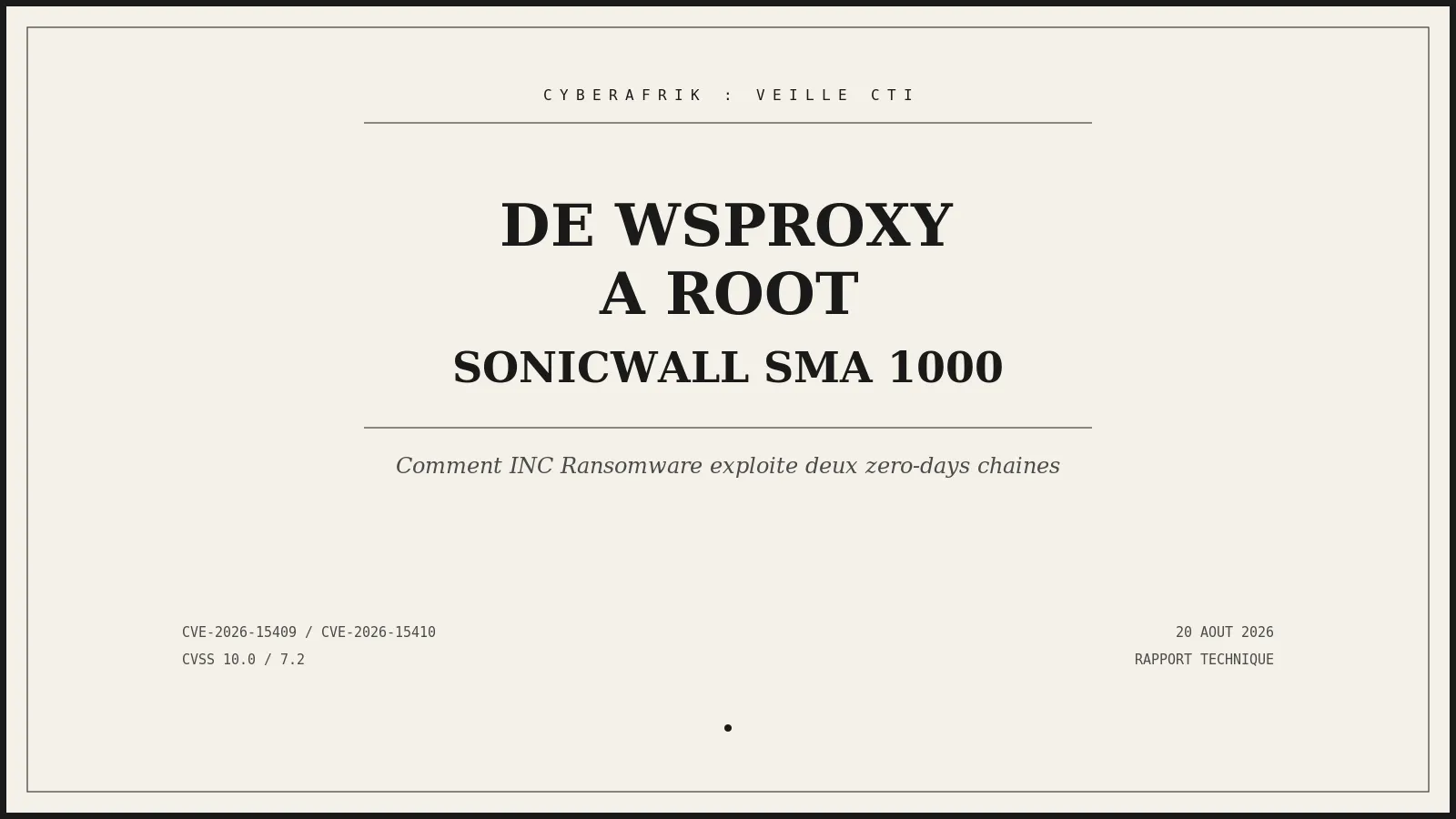 De WSProxy à root : comment INC Ransomware a transformé deux zero-days SonicWall SMA 1000 en porte d'entrée standard