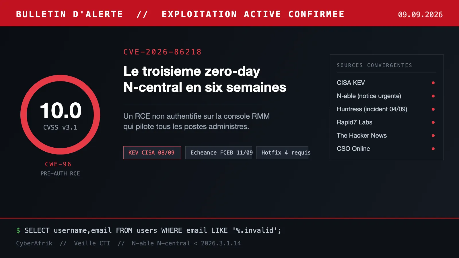 CVE-2026-86218 : le troisième zero-day N-central en six semaines donne un RCE pré-auth sur la console qui pilote tous les postes