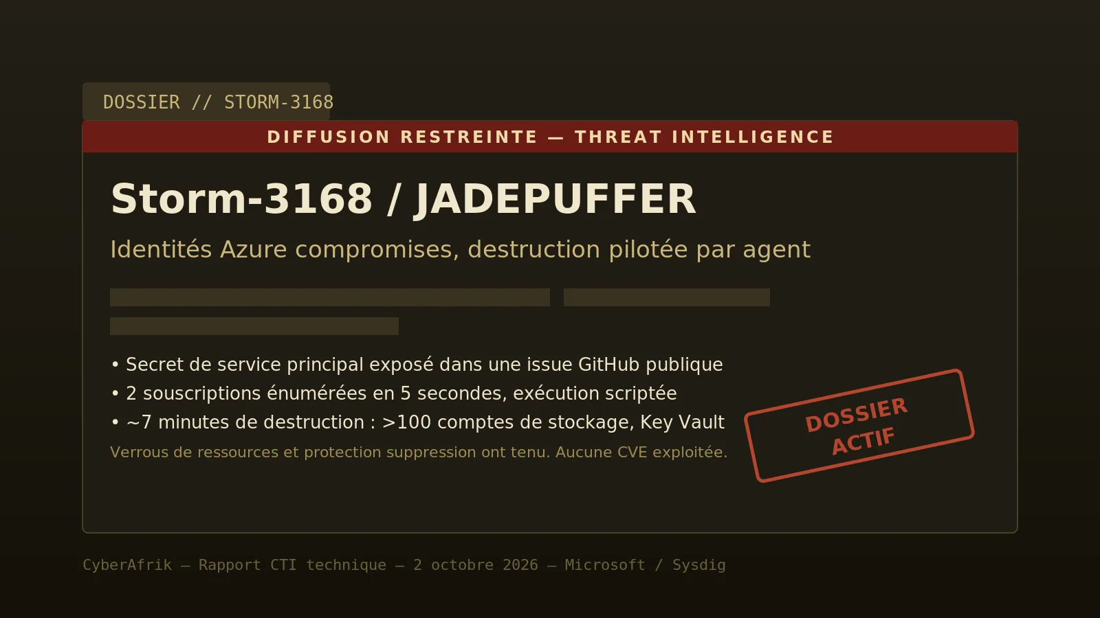 Storm-3168 (JADEPUFFER) : un service principal Azure fuité sur GitHub, et sept minutes pour effacer un tenant